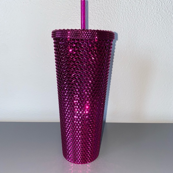 NWT Starbucks Chrome Metallic Sangria Pink Studded Bling 24oz Venti Tumbler - Picture 2 of 4